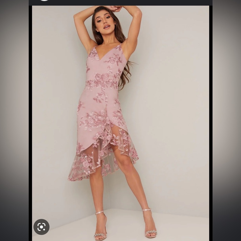 Cami Strap Tulip Hem Lace Overlay Midi Dress  in Pink Size 8